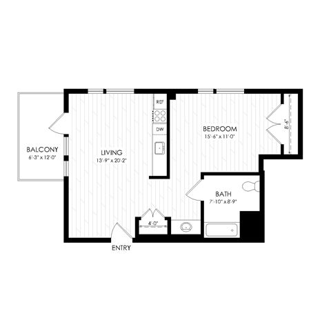 Floor plan for studio, 1 bath, 585 sqft